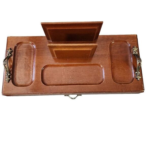 Vintage Men's Brown Wooden Valet Multi-purpose Jewelry-Vanity Box - Picture 3 of 12